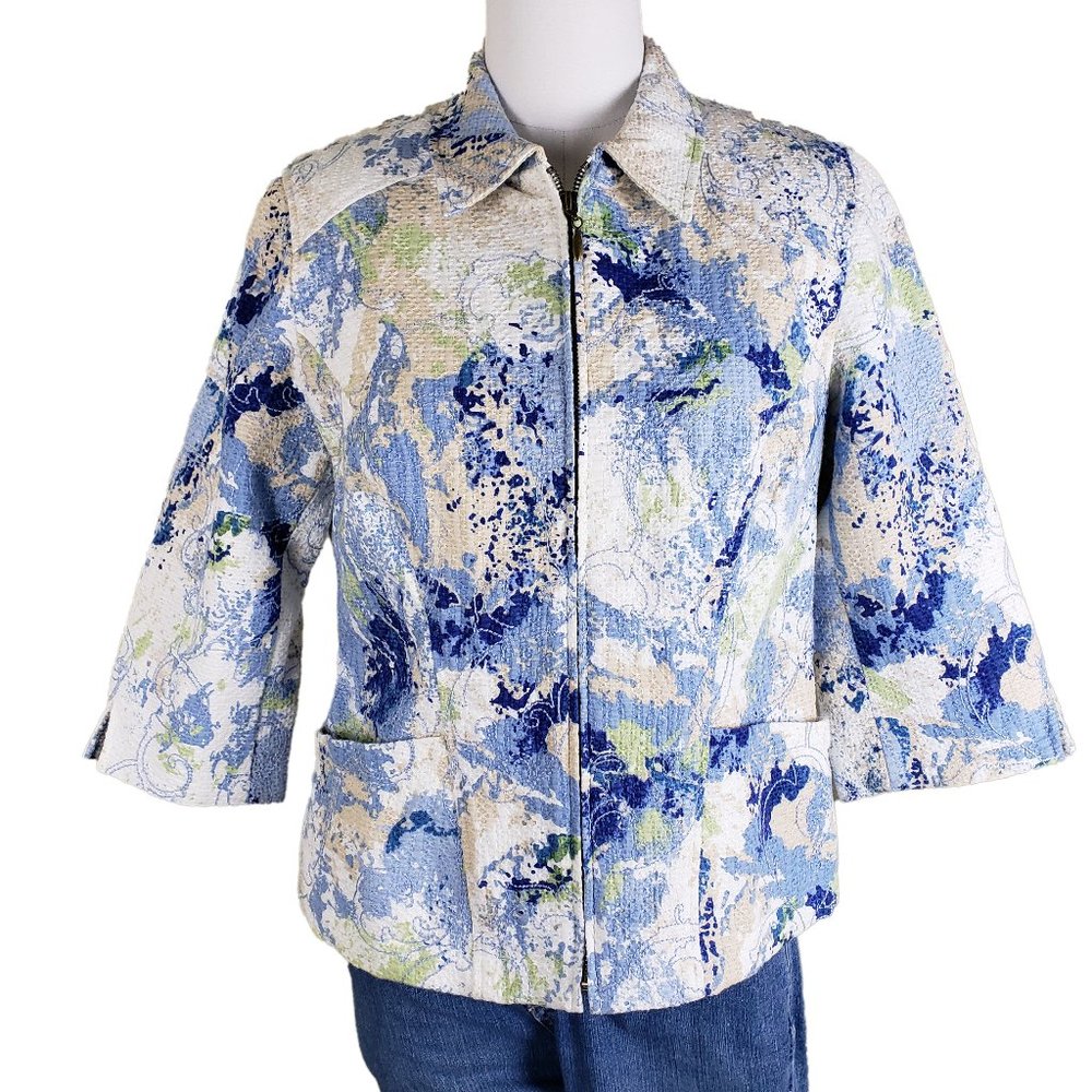 Coldwater Creek Lined Cotton Embroidered Blue White Tan Zip Jacket 12 Petite